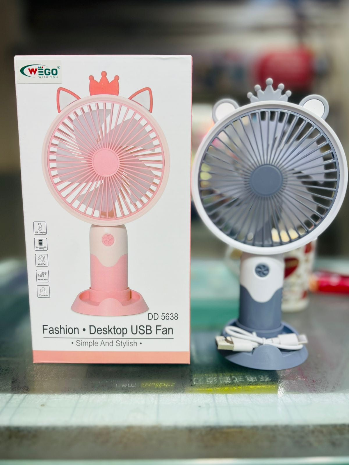 WEGO DD-5638 Portable Rechargeable Desk Fan | 4-Speed USB Cooling Fan | 90° Adjustable Silent Mini Fan