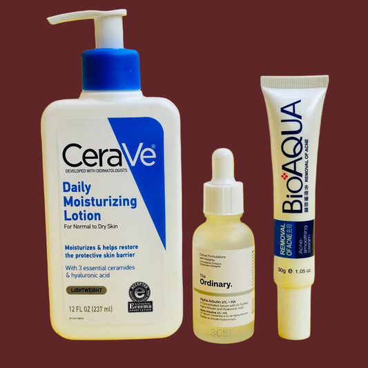 3-in-1 Skincare Deal - CeraVe Lotion, The Ordinary Serum, and Bio Aqua Acne Tube